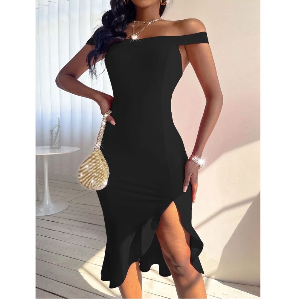 Off Shoulder Black Ruffle Detail Mermaid Dress - Picture 2 of 7